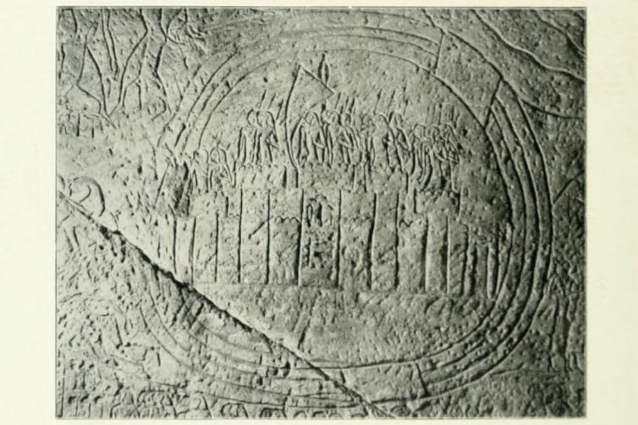 Relief at Abu Simbel: the walled city of Kadesh enclosed by the loops of the Orontes, with defenders and a standard on the walls