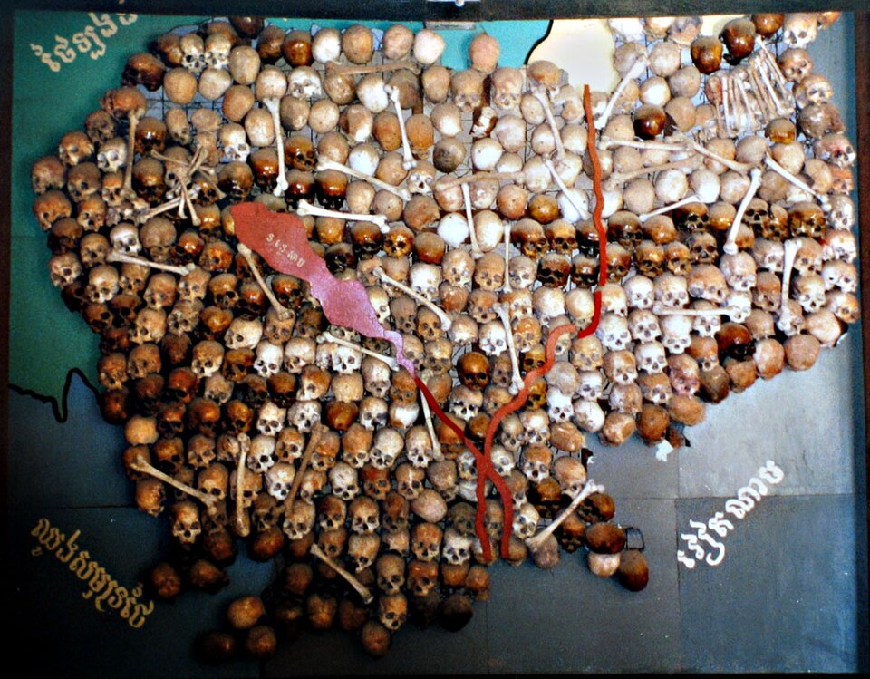 Map of Cambodia made of victims' skulls at Tuol Sleng, 1997