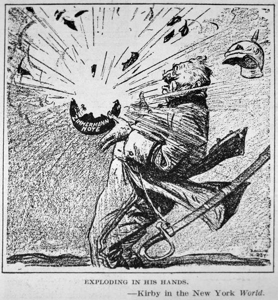 Cartoon: a German soldier in a spiked helmet is blown back by a bomb marked Zimmermann Note exploding in his hands