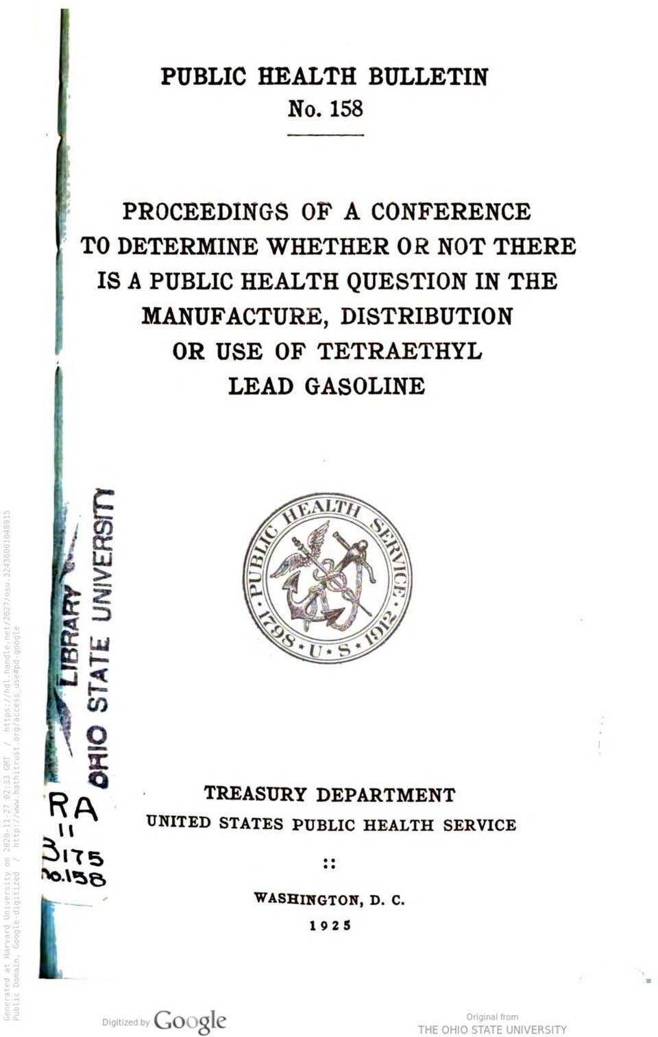 Proceedings of the 20 May 1925 conference, Public Health Bulletin No. 158