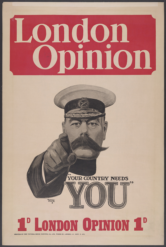 Cover of London Opinion, 5 September 1914: Lord Kitchener in a peaked cap points out of the frame above the words "Your Country Needs You"