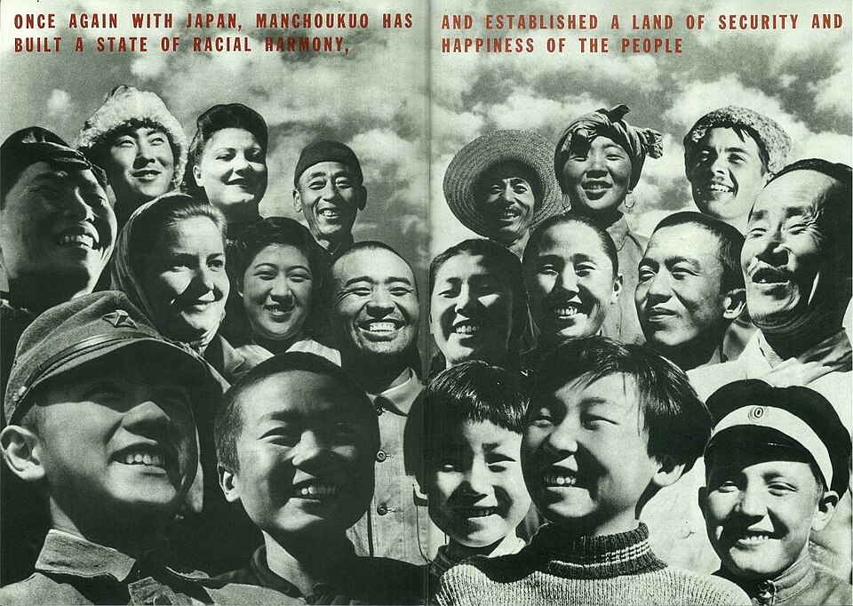 Manchukuo photomontage: 'Once again with Japan, Manchoukuo has built a state of racial harmony, and established a land of security and happiness of the people'