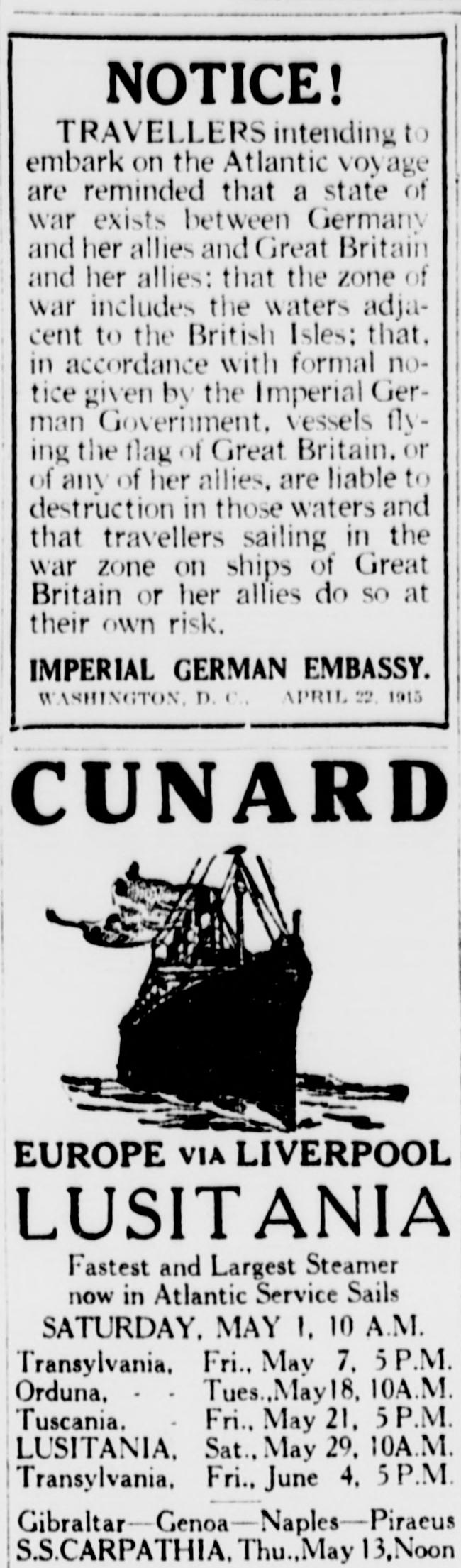 The Sun, New York, 1 May 1915: the Imperial German Embassy's NOTICE! above the Cunard advertisement for the Lusitania