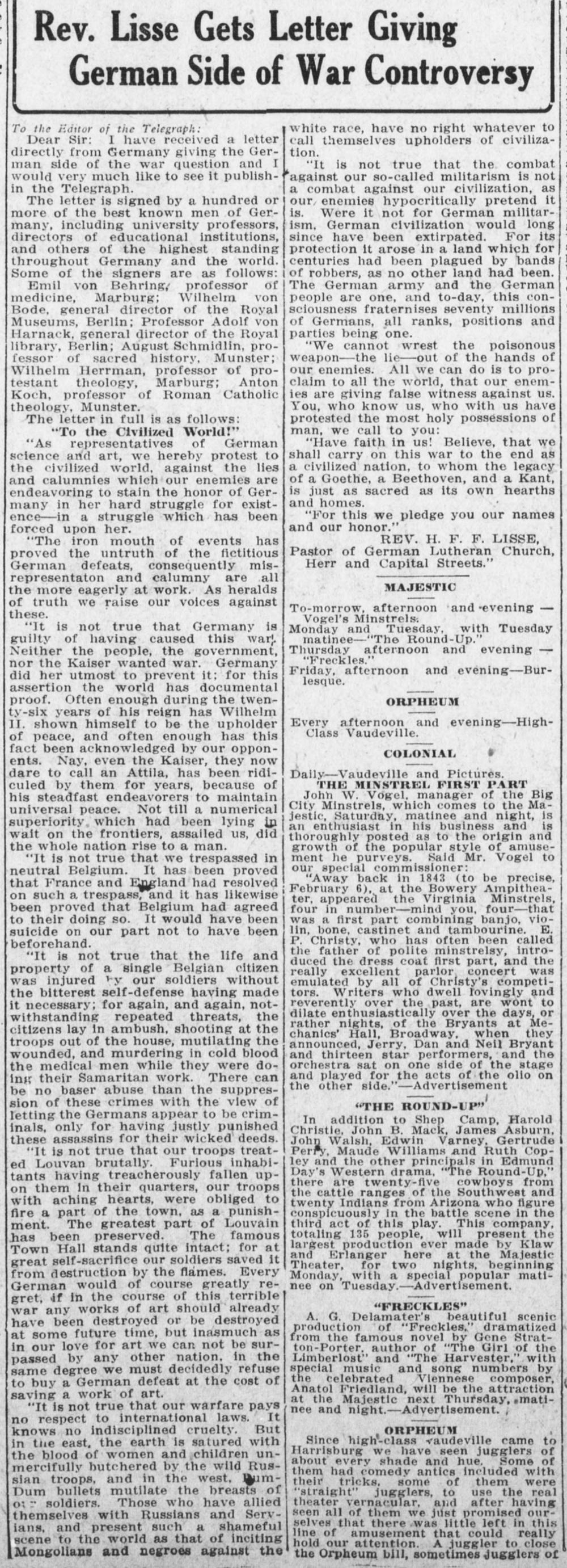 Harrisburg Telegraph, 23 October 1914: "Rev. Lisse Gets Letter Giving German Side of War Controversy", with the full English text of the manifesto