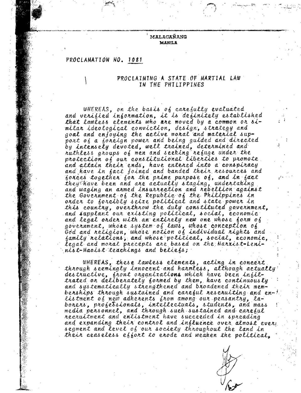 Page one of Proclamation No. 1081, dated 21 September 1972