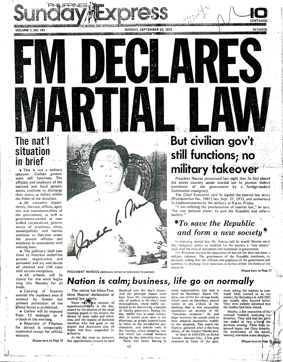 Front page of the Sunday Express, 24 September 1972: "FM Declares Martial Law"
