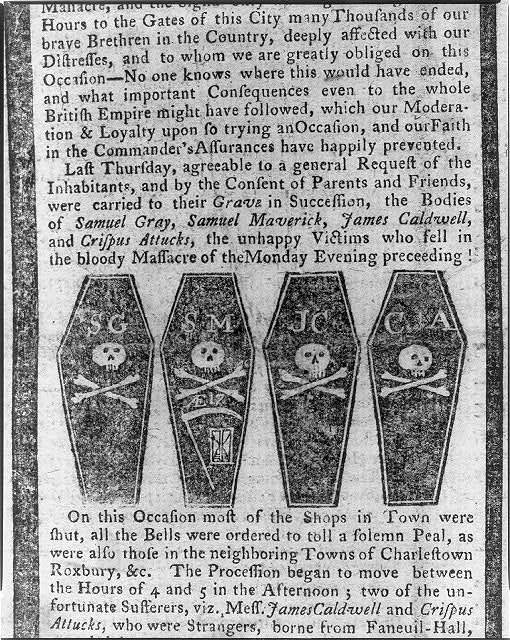 Four black coffin woodcuts marked SG, SM, JC and CA with skulls and crossbones, set in a column of newspaper text about the funeral
