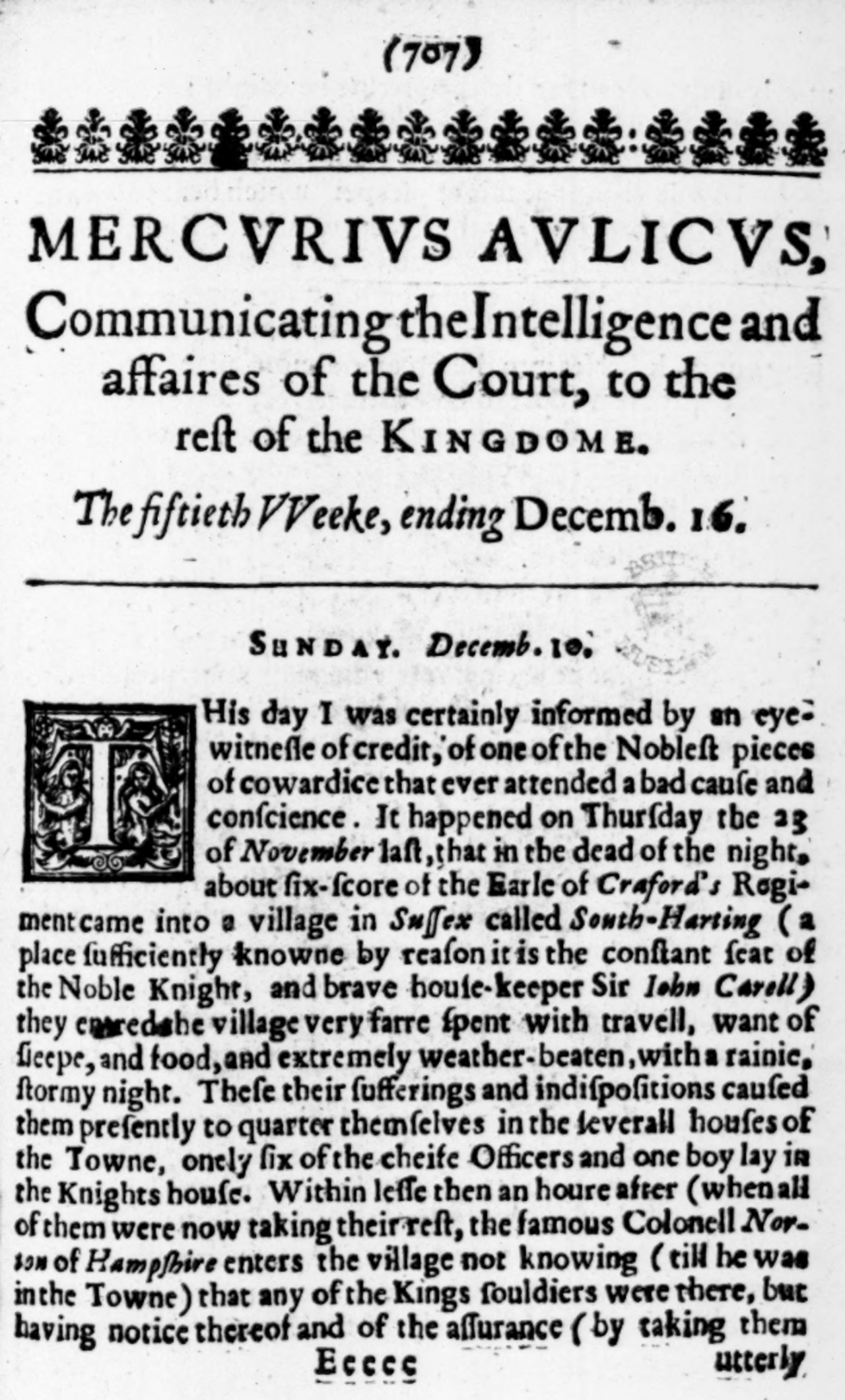 Mercurius Aulicus, the fiftieth week, ending 16 December 1643: title "Communicating the Intelligence and affaires of the Court, to the rest of the Kingdome" above a report from South Harting, Sussex