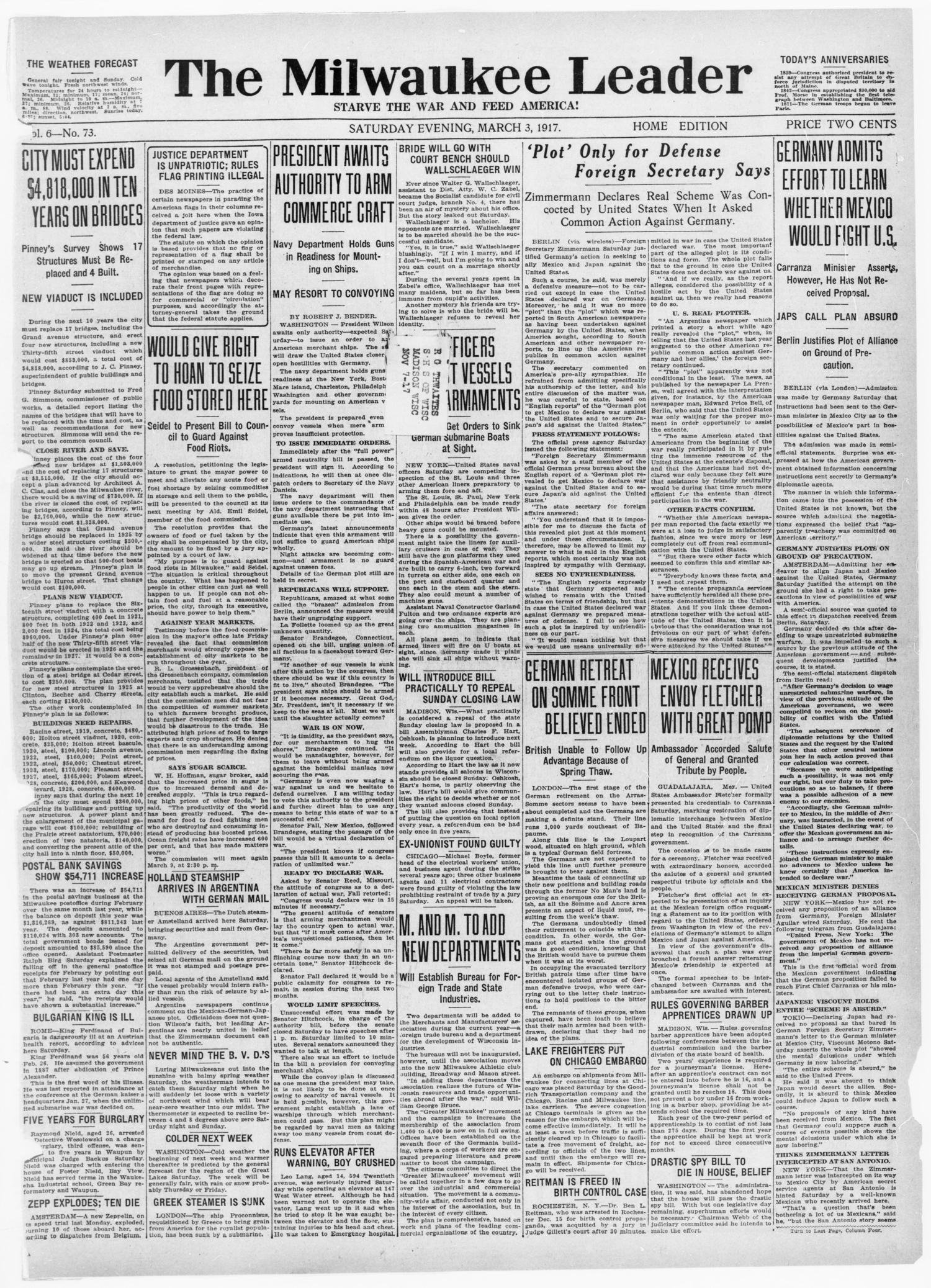 Front page of the Milwaukee Leader, 3 March 1917, with the headline Plot only for defense, foreign secretary says, and Mexico and Japan denials