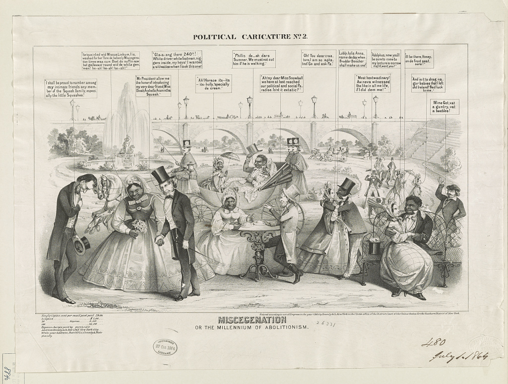 Lithograph: a park scene in which Charles Sumner introduces a Black woman to a bowing Lincoln, Horace Greeley eats ice cream with a Black woman, and mixed couples embrace, with dialect speech balloons; title "Miscegenation or the millennium of abolitionism"