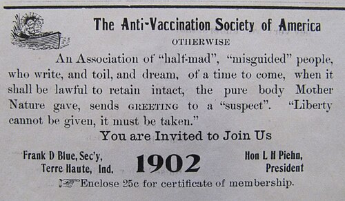Anti-Vaccination Society of America advertisement, 1902