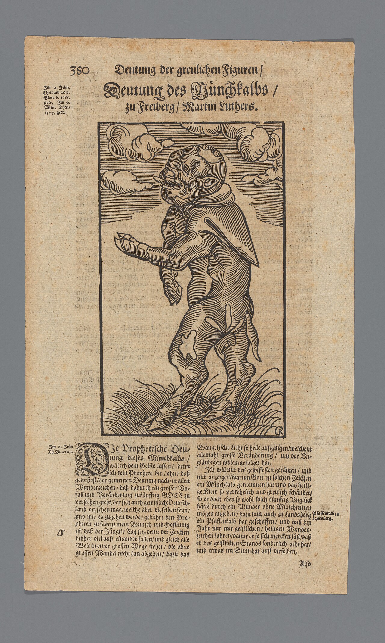 Seventeenth-century book page headed "Deutung des Münchkalbs zu Freiberg, Martin Luthers", with a woodcut of a calf standing upright in a monk's cowl, and Luther's text below