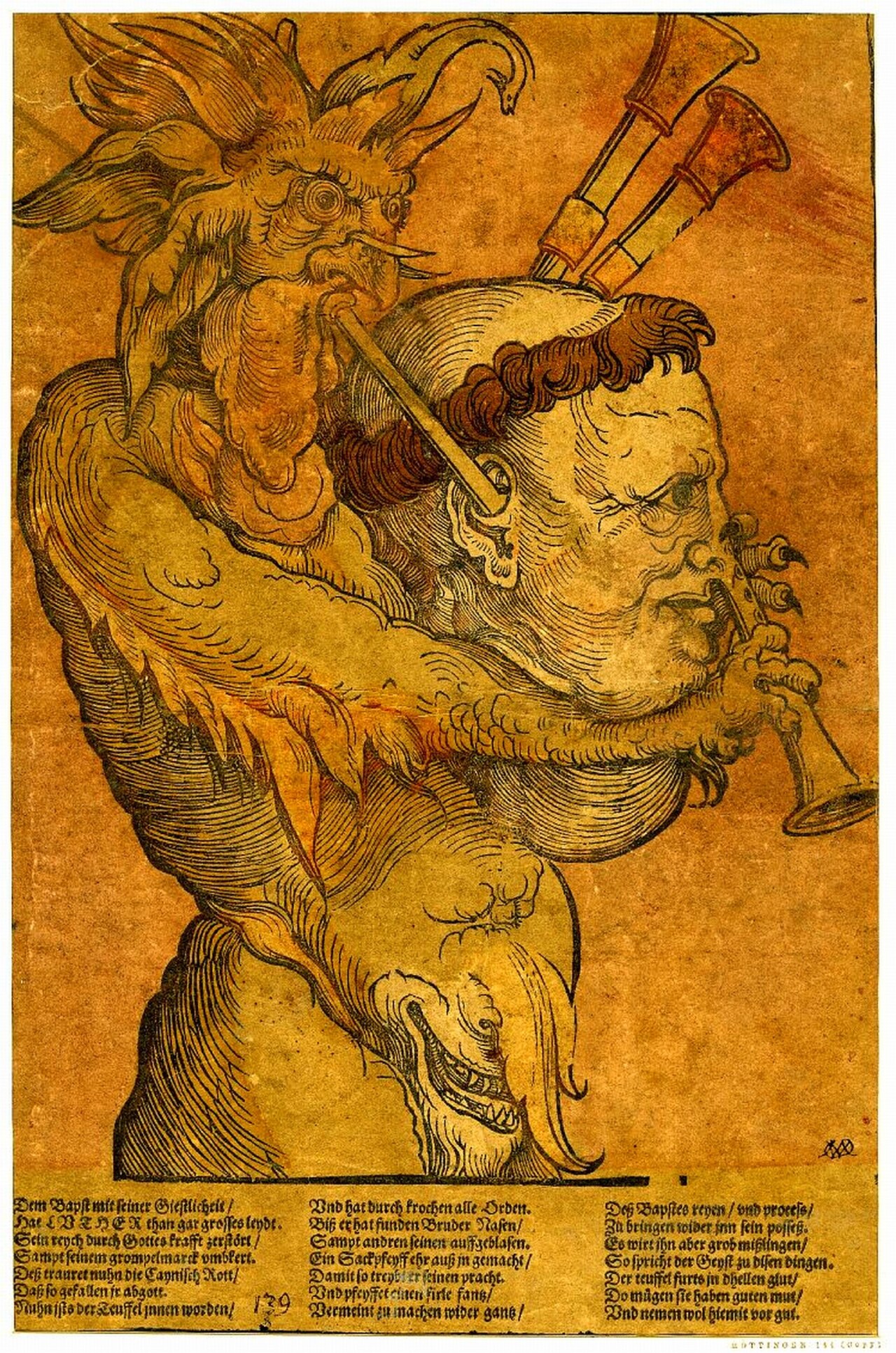 Hand-coloured woodcut: a winged, horned devil sits on a fat man's head and blows into his ear through a pipe, while the man's cheeks puff out through a chanter; verses below name "LUTHER" and "Bruder Nasen"