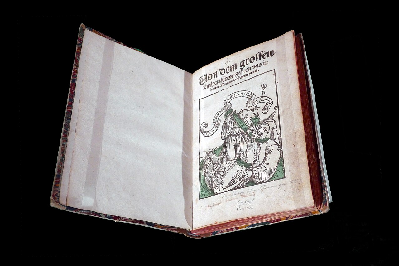 An open book displayed in a case: the title "Von dem grossen Lutherischen Narren" above a hand-coloured woodcut of a cat-headed friar strangling a huge fool in a jester's hood