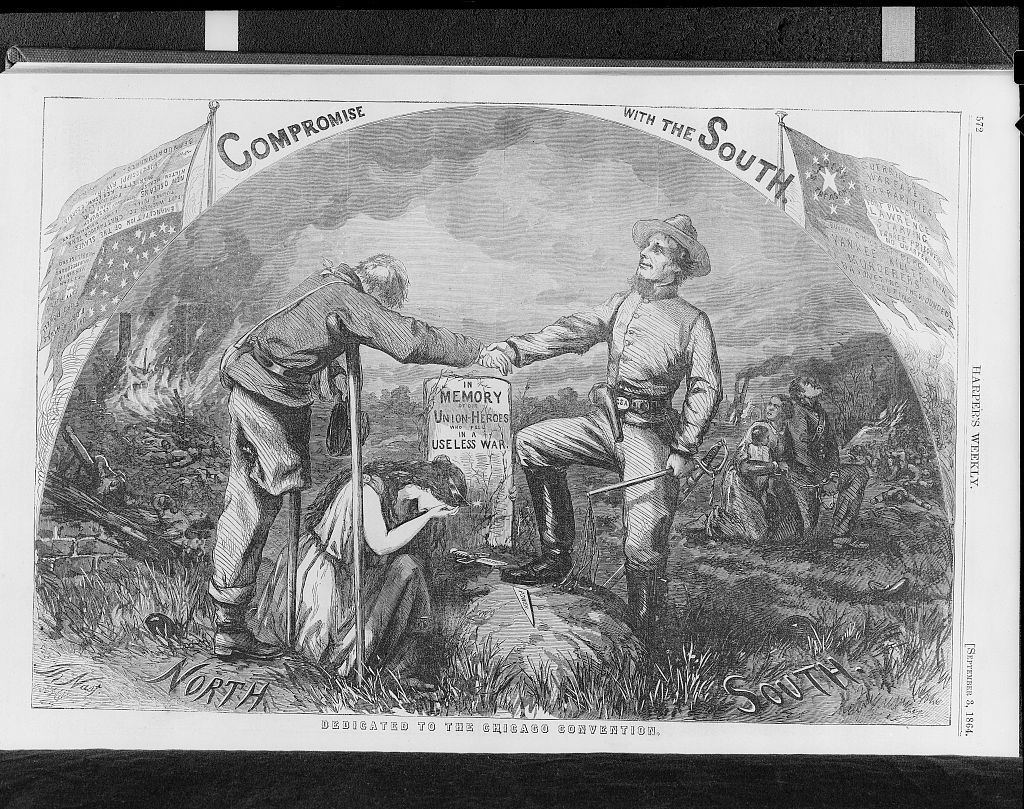 Wood engraving titled Compromise with the South: a Union soldier on a crutch shakes hands with a swaggering Confederate over a grave marked "In memory of Union heroes who fell in a useless war"; Columbia weeps at the grave; flags at both corners; labelled North and South