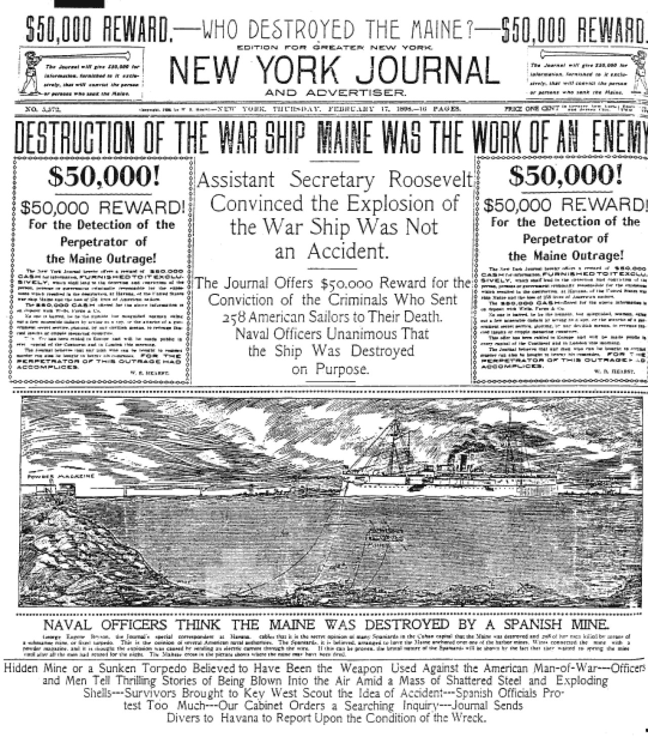 Front page of the New York Journal, 17 February 1898, with a headline blaming an enemy for the Maine explosion