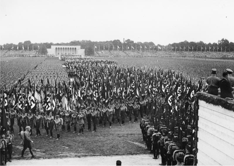 Massed SA formations with swastika standards on the Luitpoldhain parade ground at the "Rally of Victory," Nuremberg, September 1933