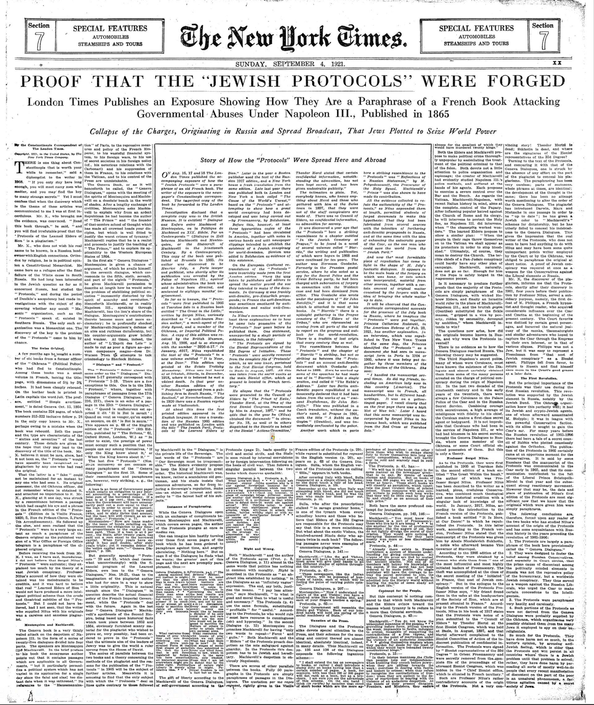 New York Times, 4 September 1921, Section 7: "Proof that the Jewish Protocols were forged"