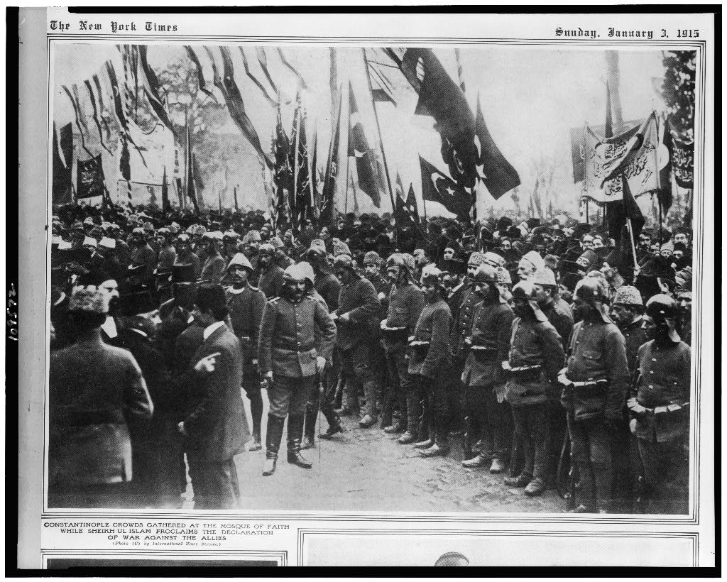 Constantinople crowds at the Fatih Mosque while the Şeyhülislam proclaims the declaration of war, New York Times picture section, 3 January 1915