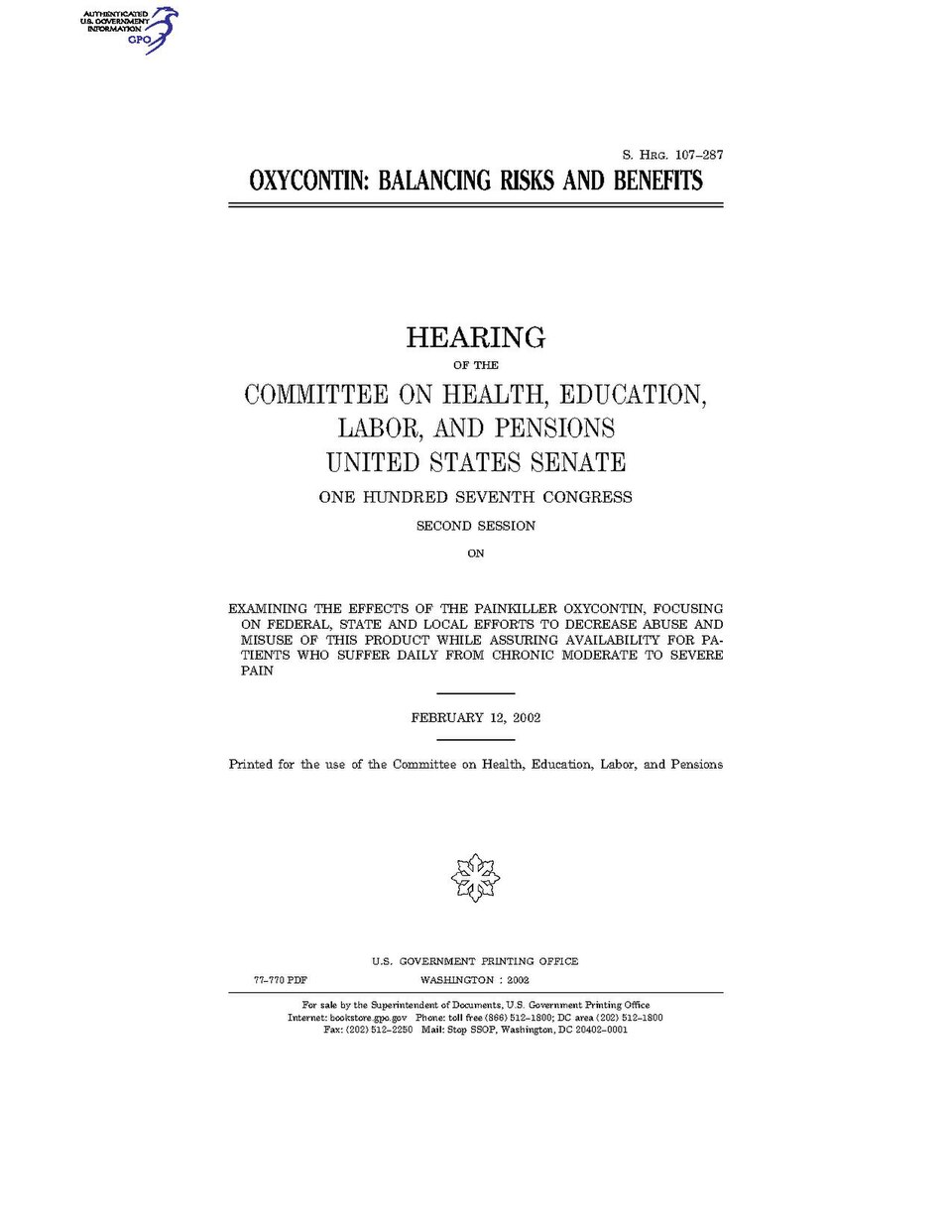 Cover of the Senate hearing record OxyContin: Balancing Risks and Benefits, 2002