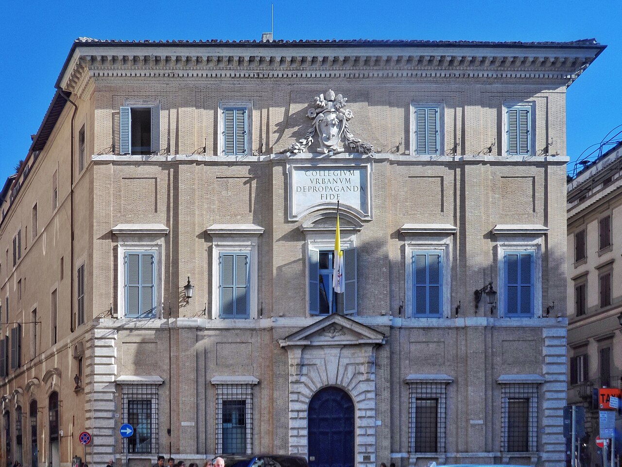 Front of the Palazzo di Propaganda Fide on Piazza di Spagna, with the inscription Collegium Urbanum de Propaganda Fide over the central window