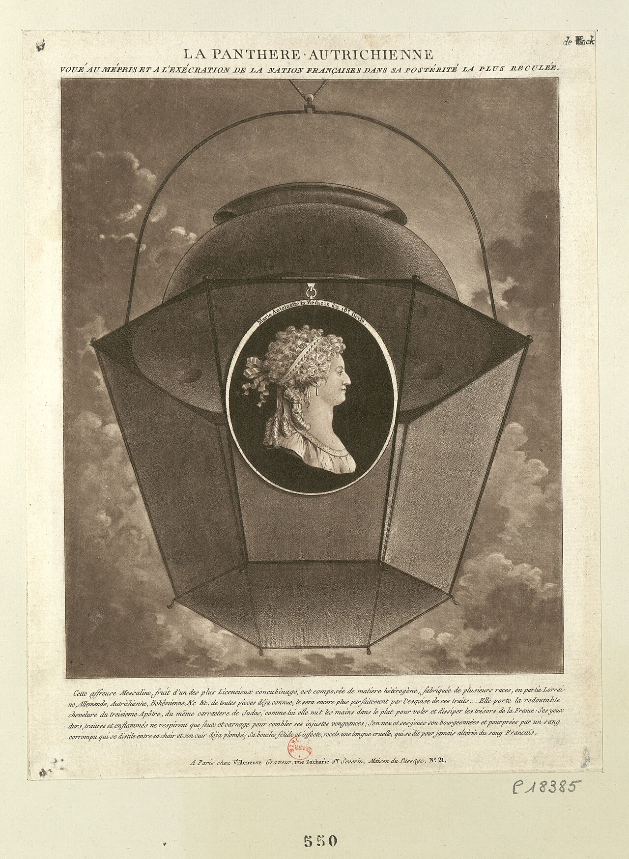 La Panthère autrichienne: a profile medallion of Marie Antoinette labelled "la Médicis du 18e siècle" hangs inside a street lantern, with a text calling her "cette affreuse Messaline" of mixed foreign blood, like Judas