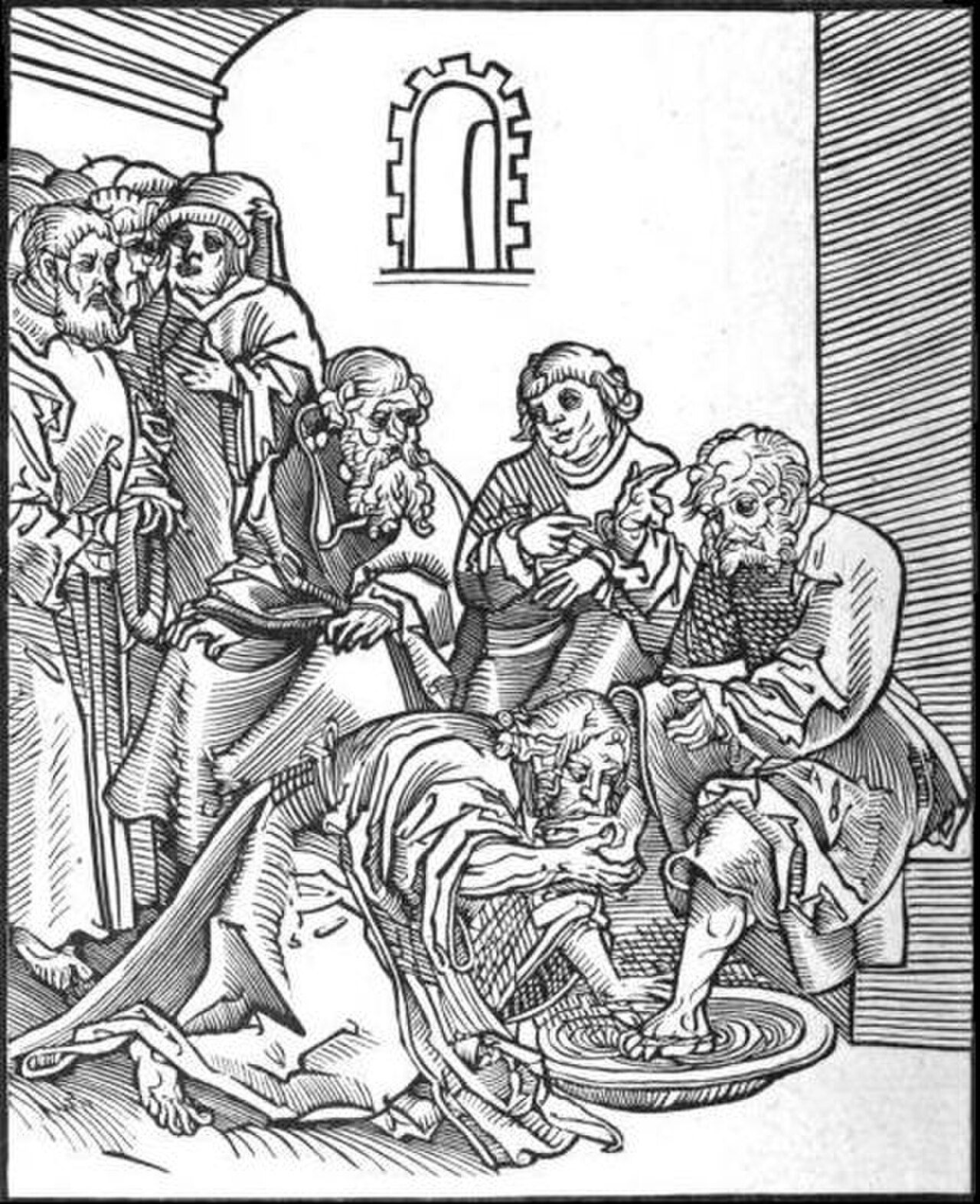 Woodcut: Christ kneels and washes the feet of a seated disciple while other disciples look on