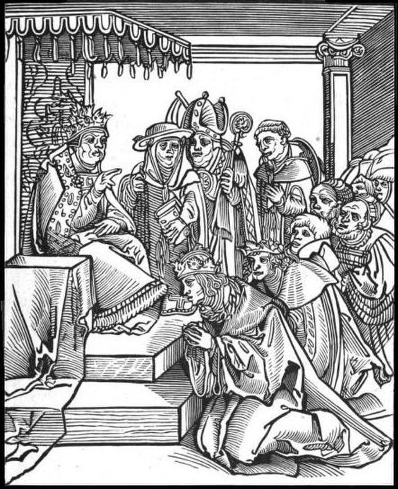Woodcut: a pope in the triple tiara sits on a canopied throne while a crowned king kneels and kisses his foot, with cardinals, a bishop and a friar behind