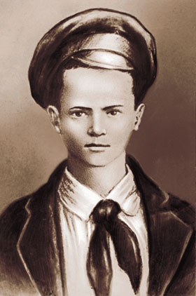 Sepia three-quarter portrait of a young teenage boy in a peaked cap, jacket and tied scarf, as reproduced in Soviet publications from 1932