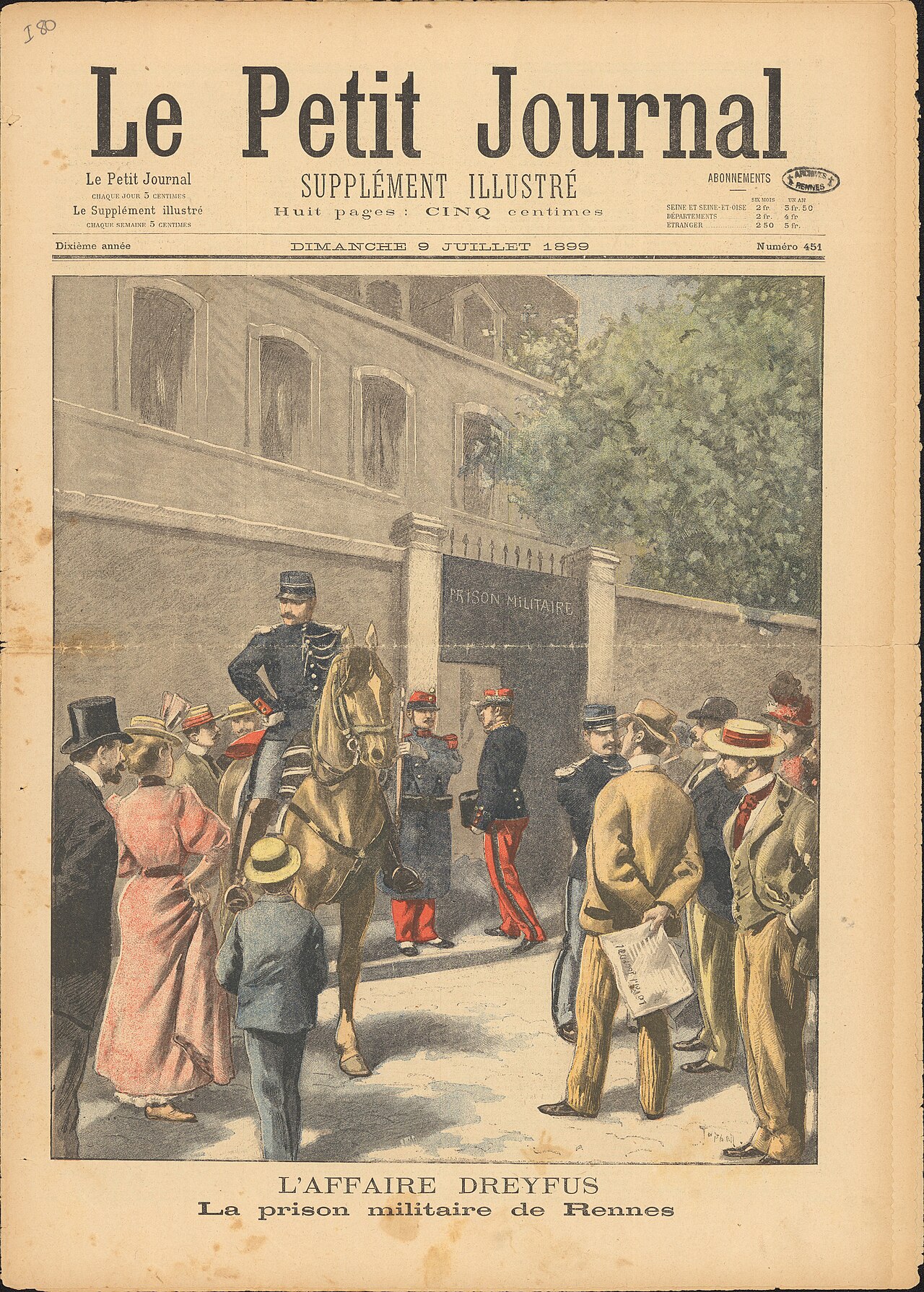 Le Petit Journal cover: a mounted gendarme and a crowd outside the gate of the military prison at Rennes, one man holding a copy of Le Petit Journal