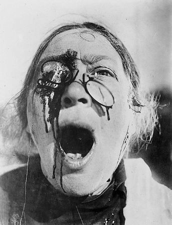 Still from Battleship Potemkin (1925): a woman shot in the eye on the Odessa Steps