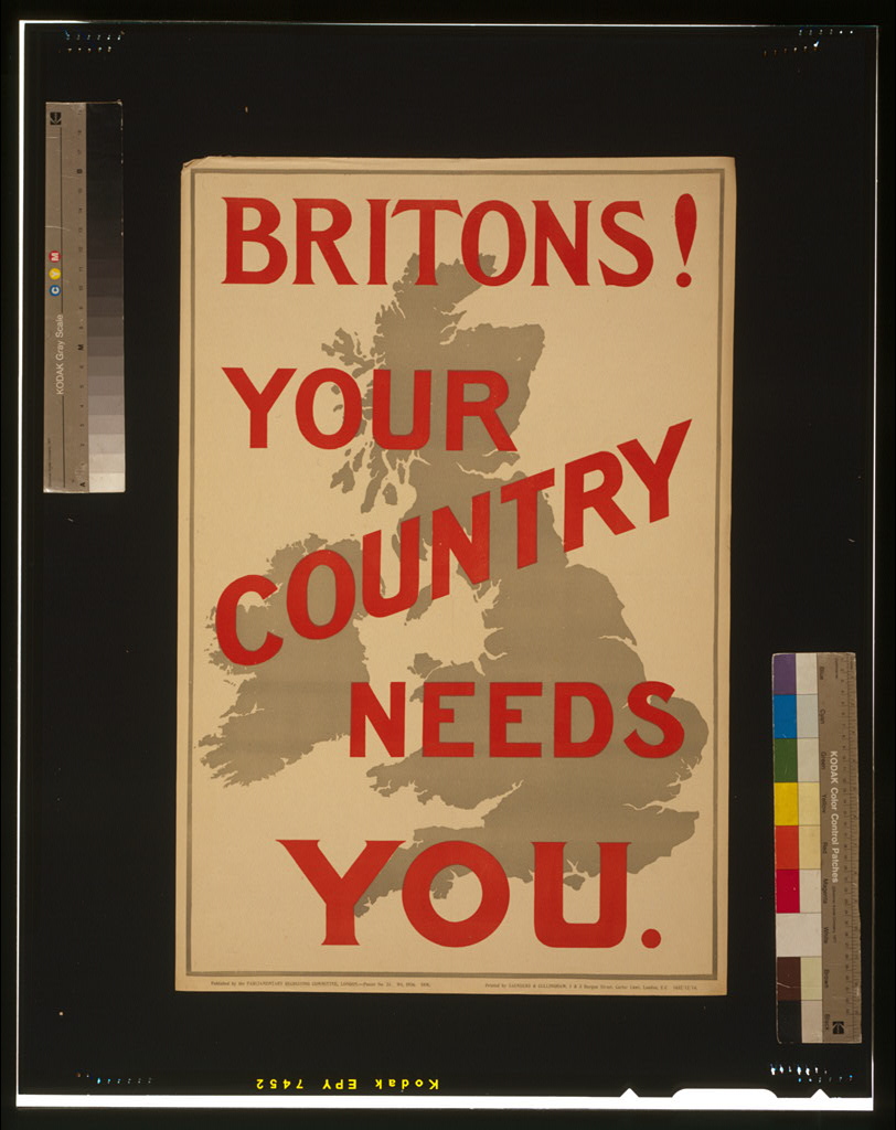 Parliamentary Recruiting Committee poster no. 23: red capital letters reading Britons! Your country needs you. over a grey map of Great Britain and Ireland