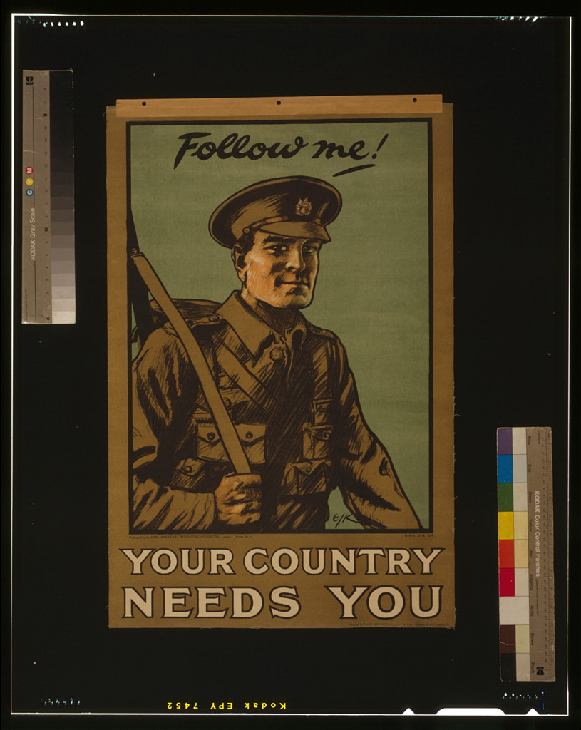 Follow me! Your country needs you: a soldier in service cap looks to the viewer with a rifle on his shoulder, Parliamentary Recruiting Committee poster no. 11