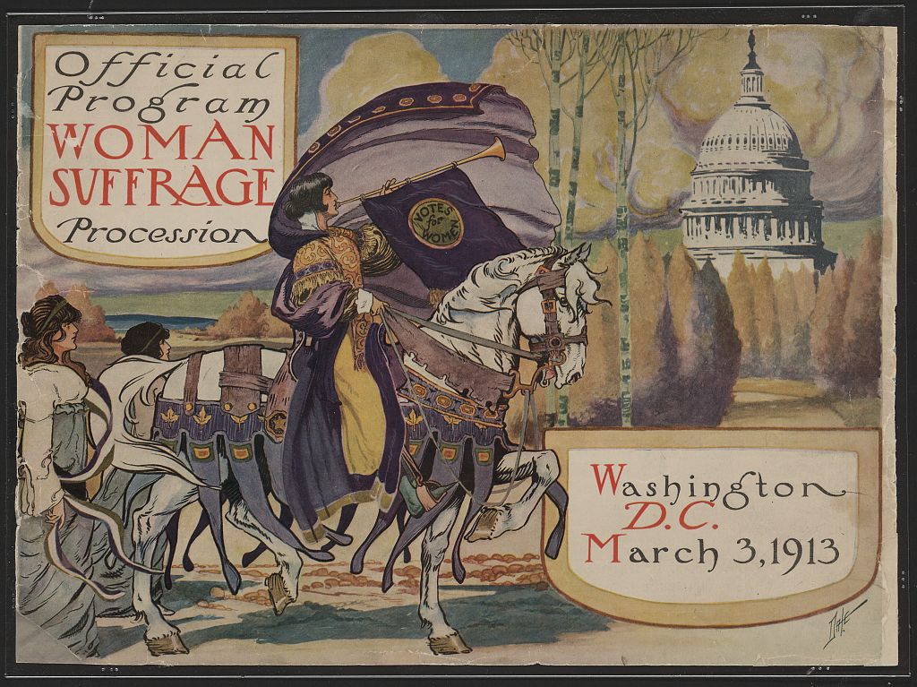 Cover of the official programme of the woman suffrage procession, Washington, 3 March 1913, showing a herald on horseback before the Capitol