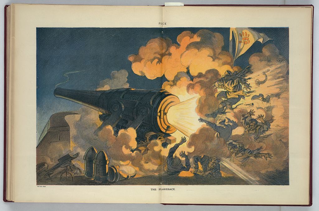 Puck centerfold: a cannon marked Violence explodes backwards over the McNamara brothers and Samuel Gompers