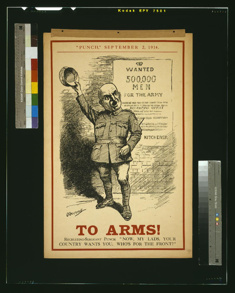 Punch cartoon To Arms! of 2 September 1914: a bald Recruiting-Sergeant Punch waves his hat before a Wanted 500,000 Men notice signed Kitchener