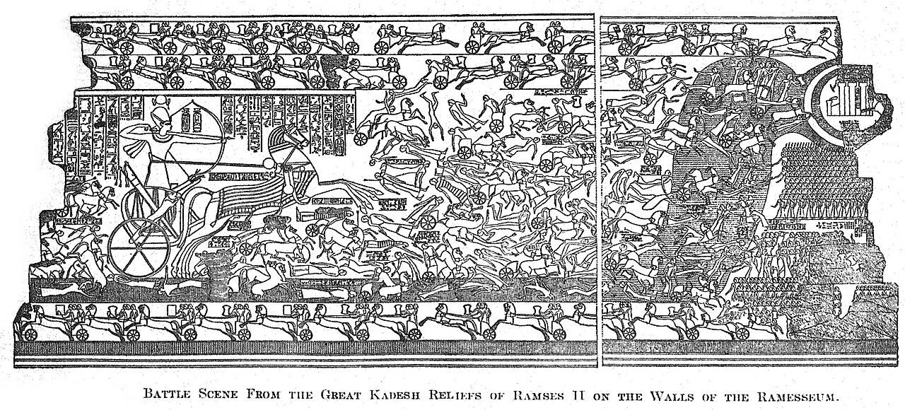 Drawing of the Kadesh battle relief on the Ramesseum wall: Ramesses II, far larger than anyone else, draws his bow from a charging chariot while Hittite chariots fall into the river around the walled city