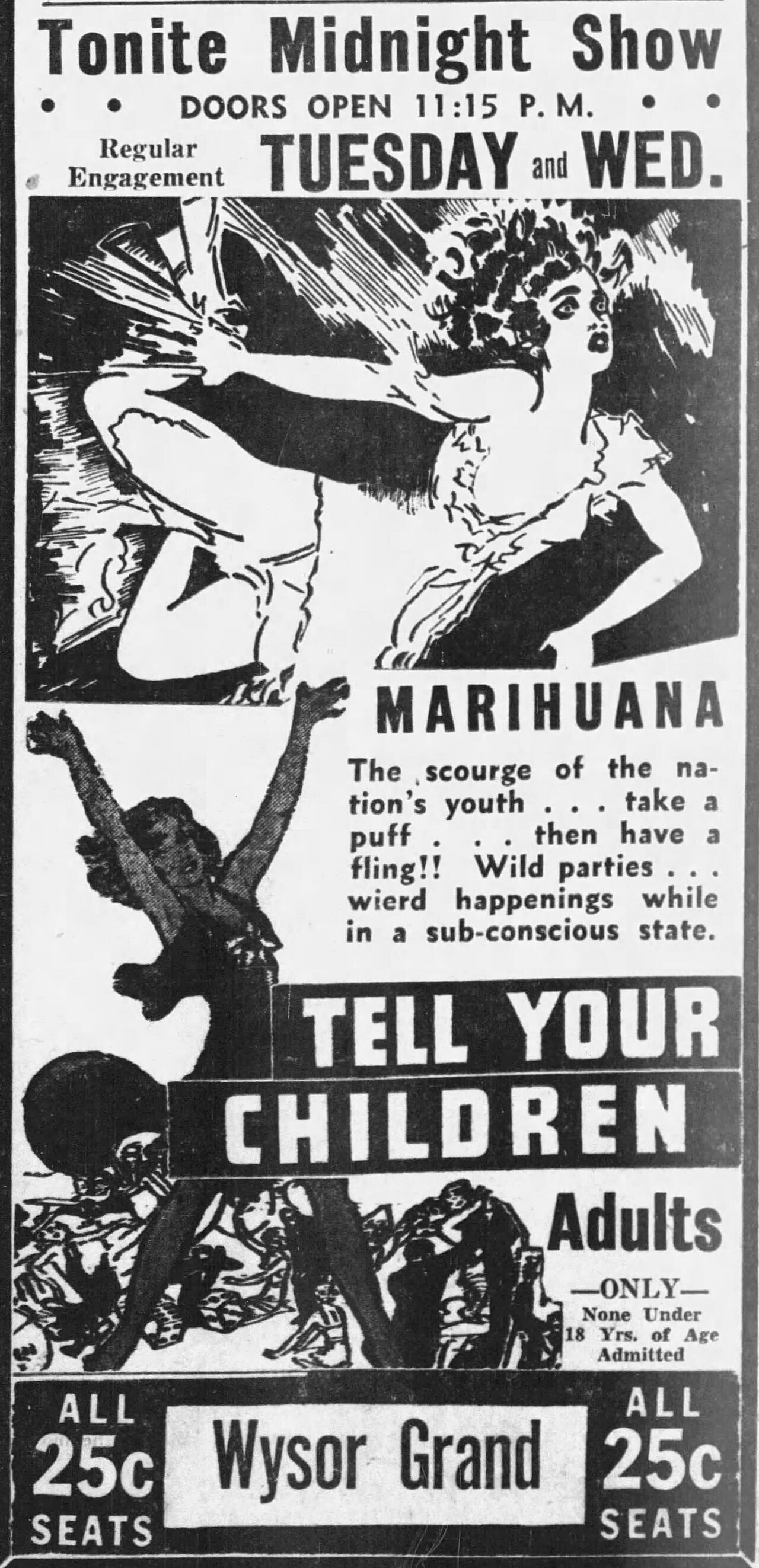 1939 newspaper advertisement for a midnight showing of Tell Your Children