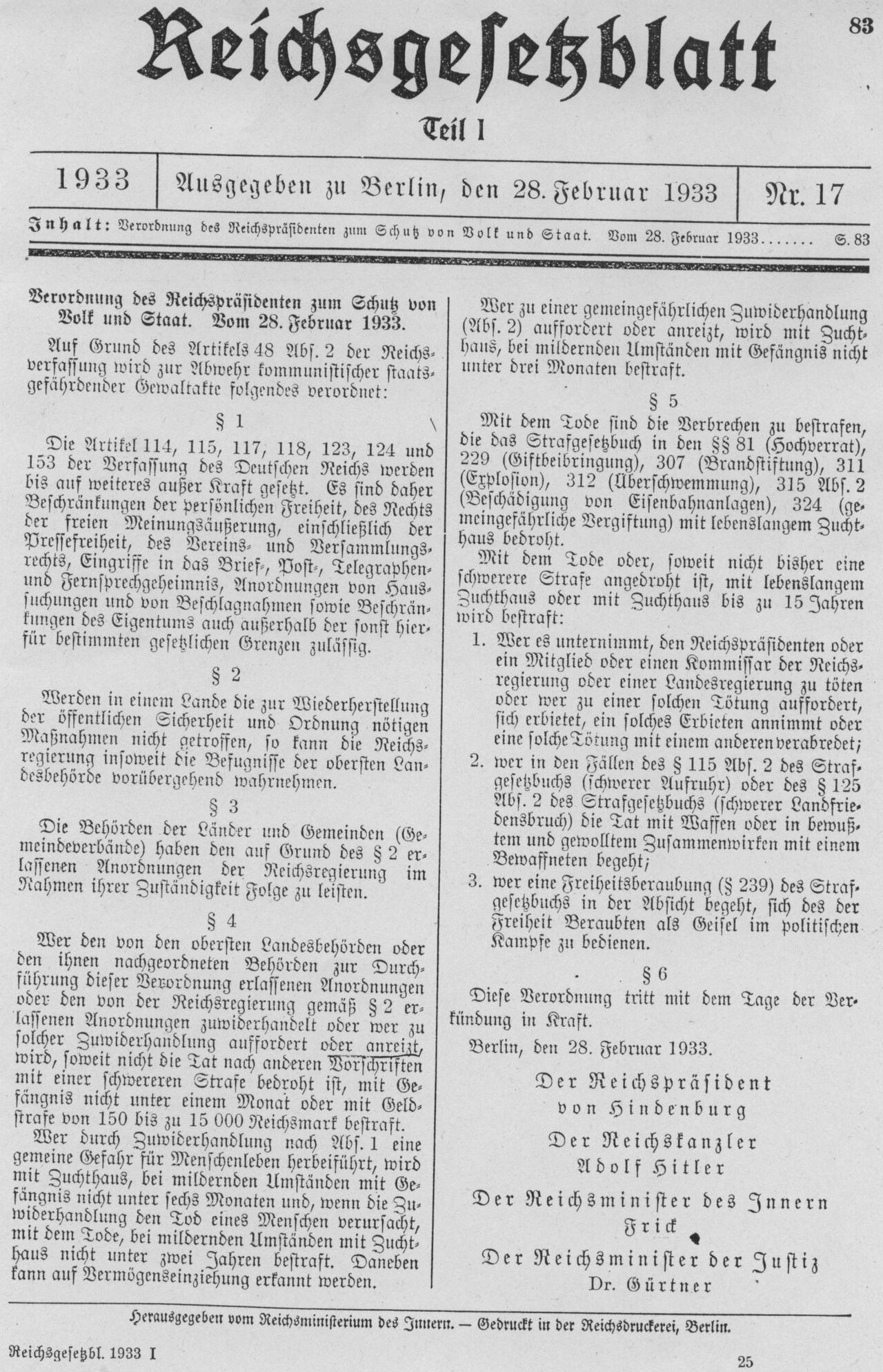 The opening page of the Reichstag Fire Decree, 'Verordnung des Reichspräsidenten zum Schutz von Volk und Staat', Reichsgesetzblatt I 1933, p. 83