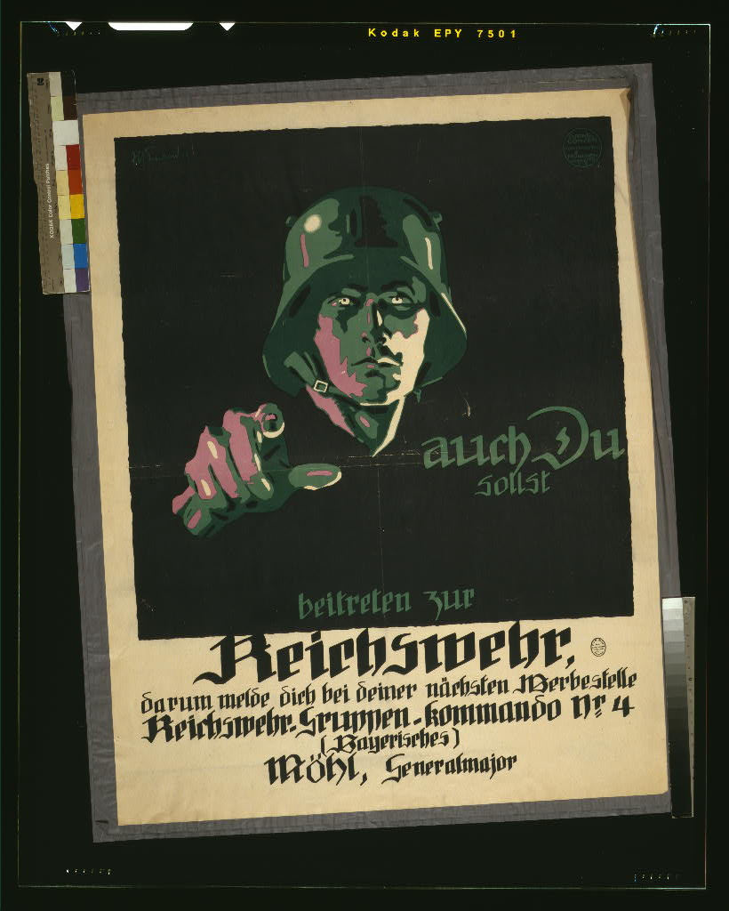 Auch du sollst beitreten zur Reichswehr: a steel-helmeted face and a pointing hand on a black ground