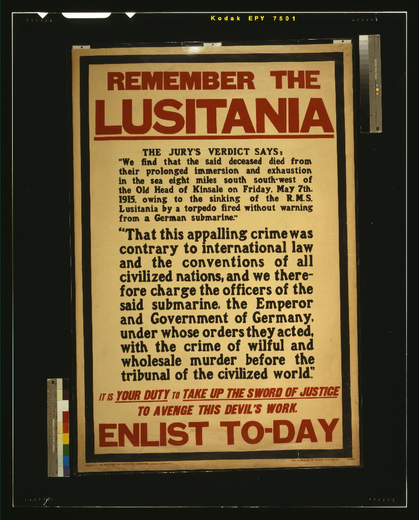 Parliamentary Recruiting Committee poster headed REMEMBER THE LUSITANIA, quoting the jury's verdict and ending ENLIST TO-DAY