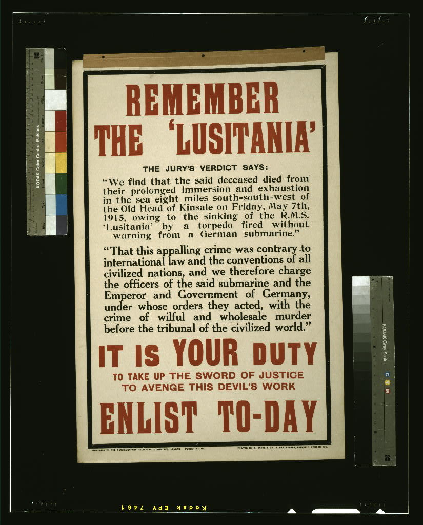 A second Parliamentary Recruiting Committee Remember the Lusitania poster in a different typeface, with the same verdict text and ENLIST TO-DAY