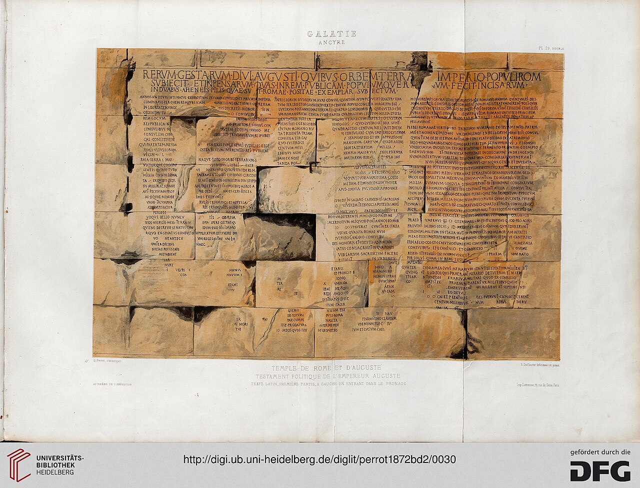 Colour plate of the Latin Res Gestae inscription on the wall of the temple at Ancyra, with the heading RERVM GESTARVM DIVI AVGVSTI across the top