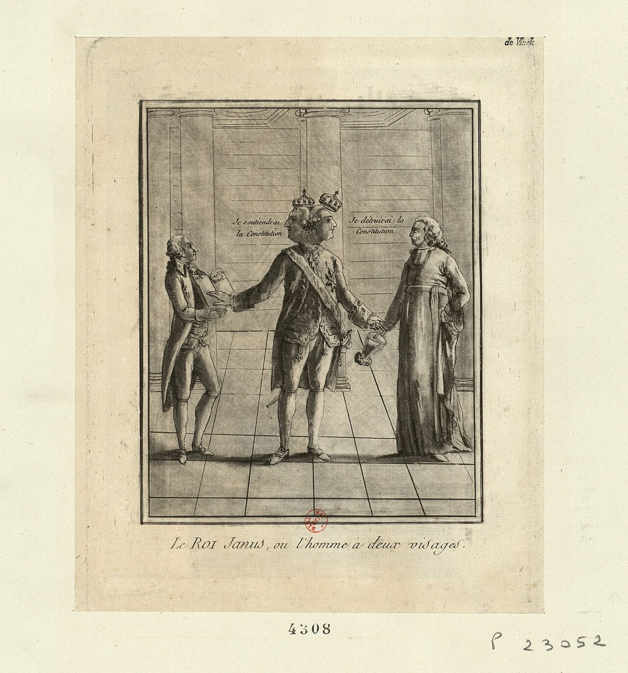 Le Roi Janus, ou l'homme à deux visages: Louis XVI with two crowned heads, one telling a man with a book "Je soutiendrai la Constitution", the other telling a cleric "Je détruirai la Constitution"