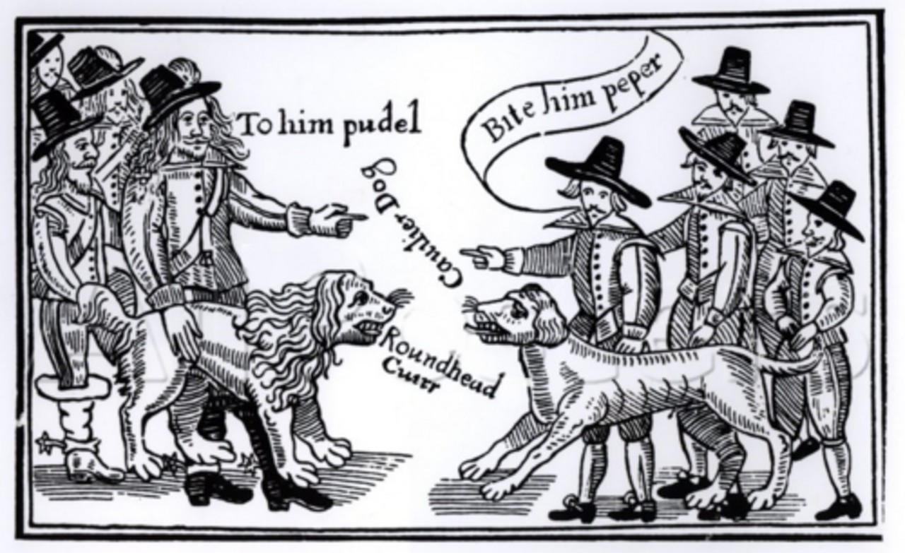 Woodcut: on the left, cavaliers set a shaggy poodle on; on the right, men in tall hats set a lean hound on. Labels read "To him pudel", "Bite him peper", "Cavalier Dog" and "Roundhead Curr"