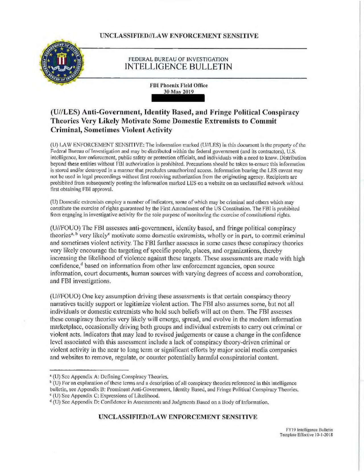 Page 1 of the FBI Phoenix Field Office intelligence bulletin, 30 May 2019