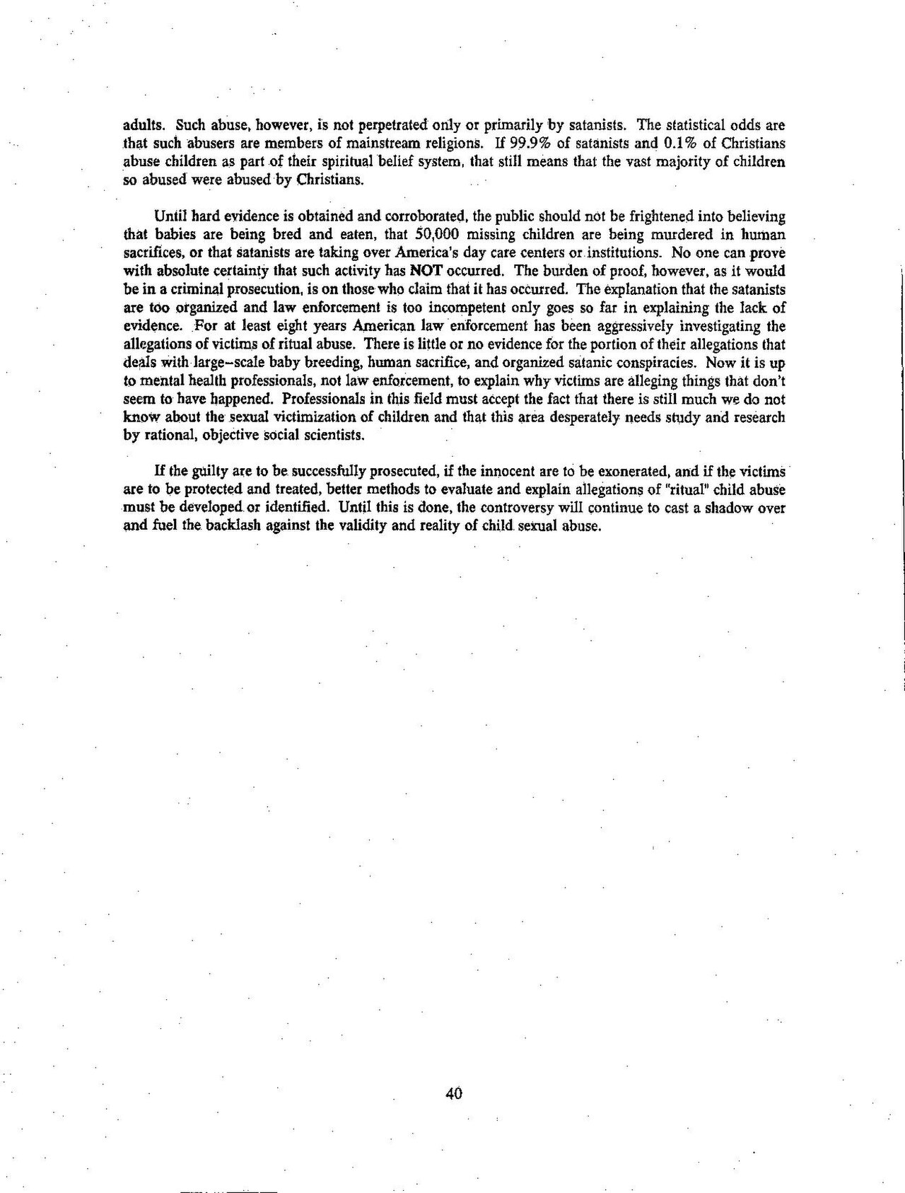 Page 40 of the Lanning guide, with its conclusion on the lack of evidence for organised satanic conspiracies