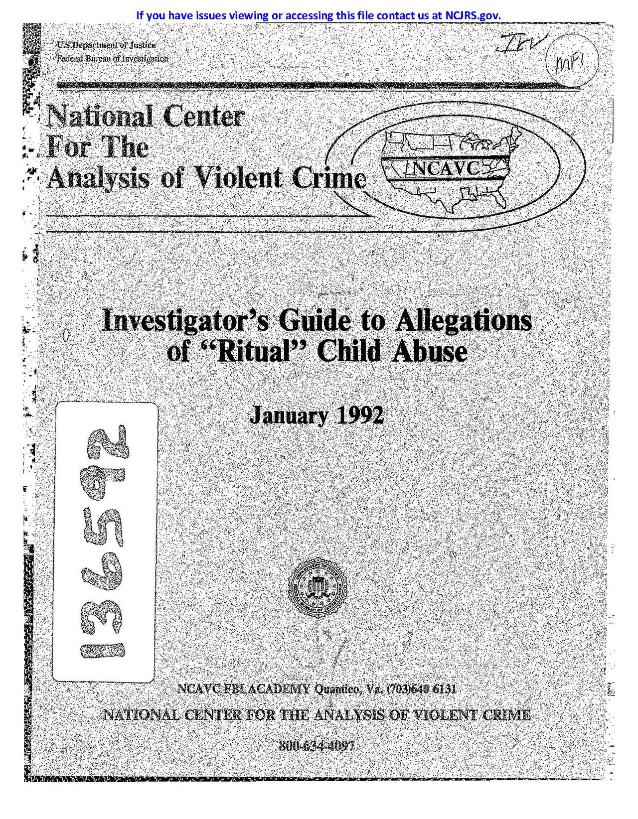 Cover of the FBI's Investigator's Guide to Allegations of "Ritual" Child Abuse, January 1992