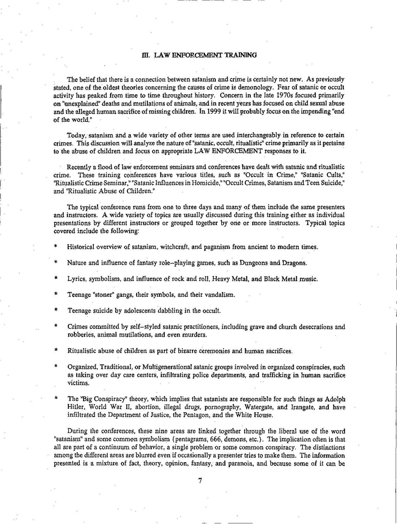 Page 7 of the Lanning guide, listing law-enforcement seminar titles and topics