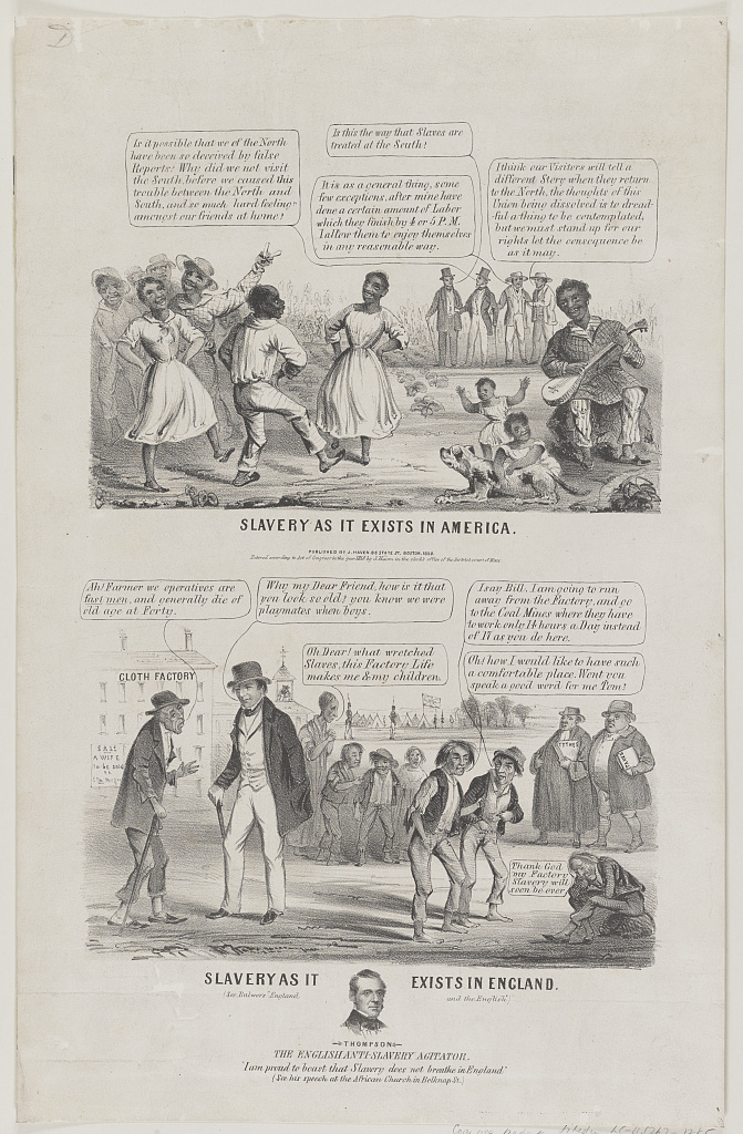 Lithograph in two panels: enslaved people dancing while visitors watch, above; ragged English factory workers and children, below, with a portrait of George Thompson
